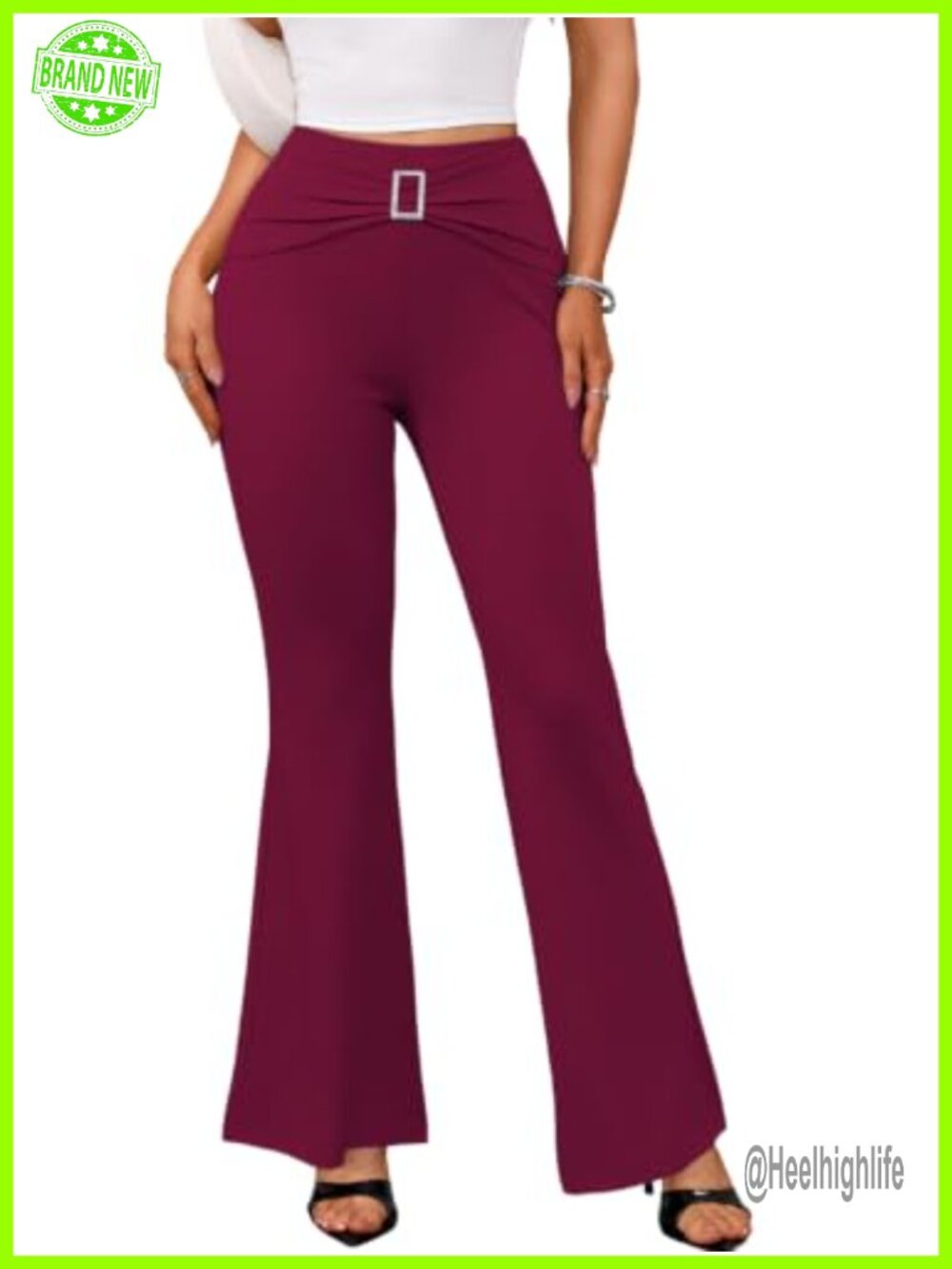 Womens Rhinestone Buckle High Waist Flare Pants Tummy Control Ruched
